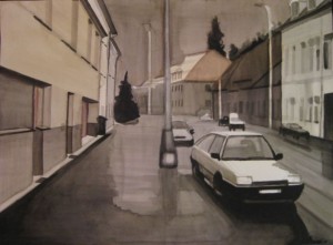 Stad. Akvarell på papper. 50 x 70 cm.